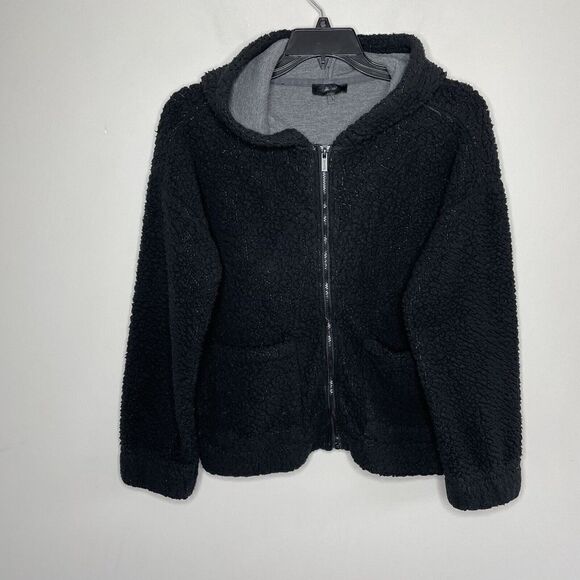 SPLENDID Womens Black Faux Shearling Jacket Sz Small S Hooded Patch-Pockets - Picture 4 of 10